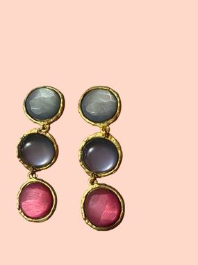 Gold-Tone Triple Drop Pink & Gray Stone Earrings